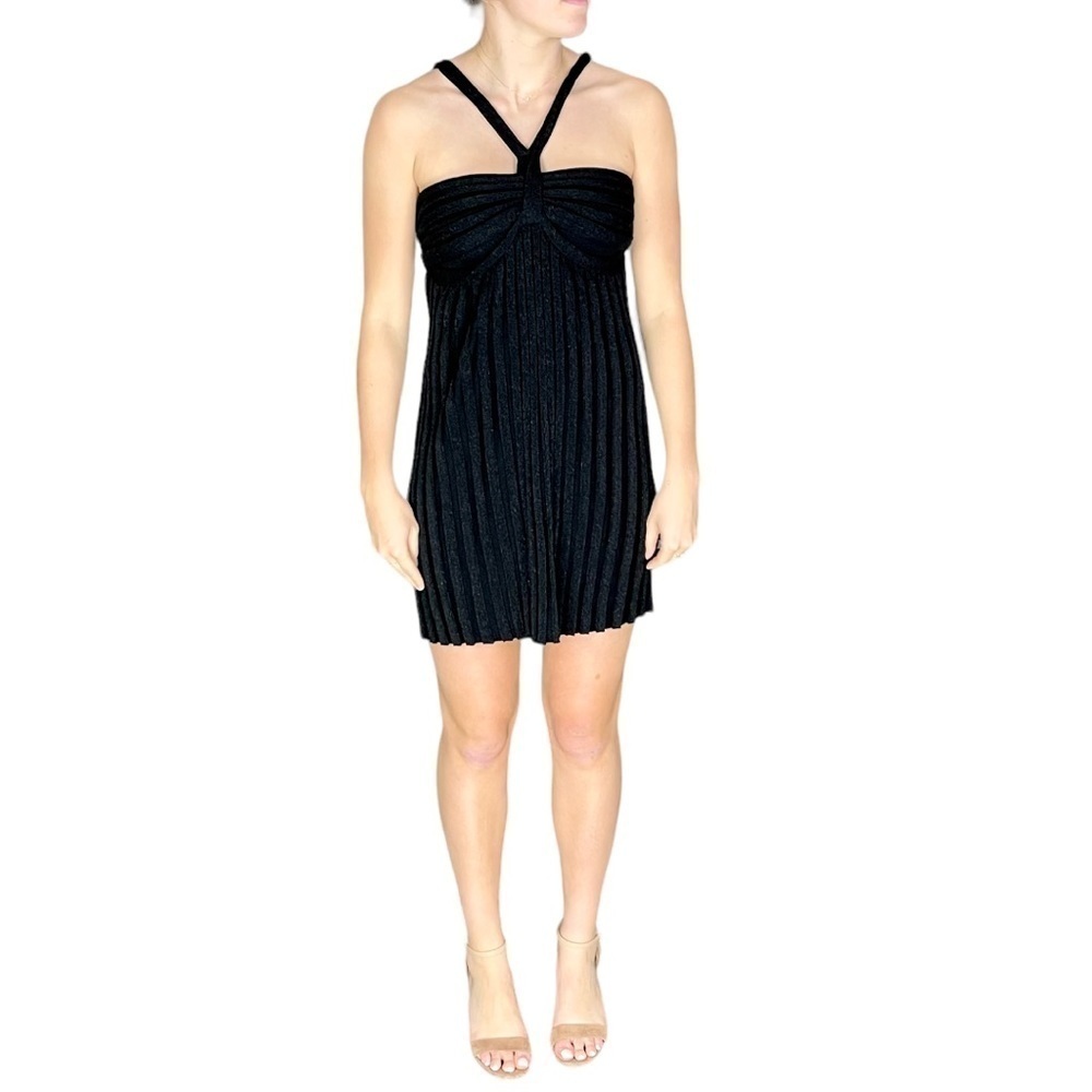 ALICE + OLIVIA Y2K SPARKLE PLEATED HALTER BABYDOLL KNIT MINI DRESS
